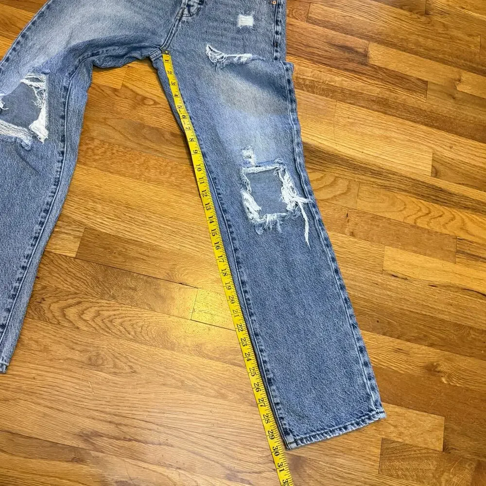 PacSun Women’s Blue Distressed Holes Straight Leg Jeans Retro Grunge Casual